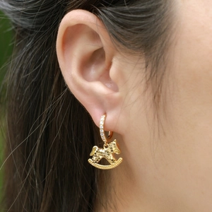 Vintage gold rocking horse earrings in S925 sterling silver with sparkling pavé zircons