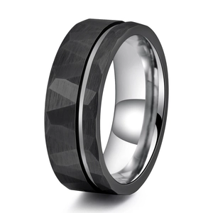 8mm men's tungsten ring with black hammered finish and silver grooved accent
