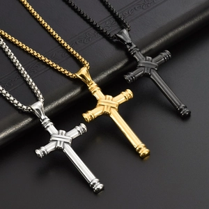 Cross pendant necklace set in silver, gold, and black colors with box chains