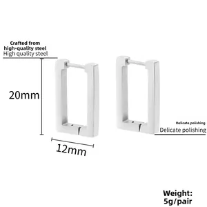 Boucles d'oreilles rectangulaires en acier poli argent, dimensions 20mm x 12mm