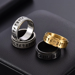Nordic Viking runes spinner ring set in silver, gold and black stainless steel finish