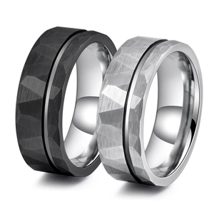 Two hammered tungsten carbide rings for men featuring 8mm width and brushed metal finish