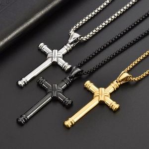 Three-color industrial cross pendant necklaces in gold, silver and black finish