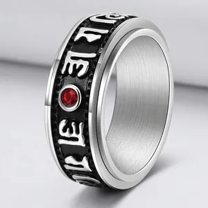 Men Retro Punk Titanium Steel Spinner Ring Red Rhinestone Inlaid Six-Word Mantra Religious Om Mani Padme Hum Finger Ring
