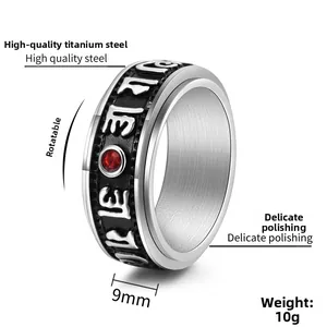 Detail view of 9mm rotatable spinner ring in titanium steel with ruby inlay