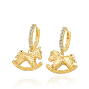 925 Sterling Silver Rocking Horse Earrings Rhinestone Gold Plated Textured Zodiac Horse Hoop Drop Jewelry For Women