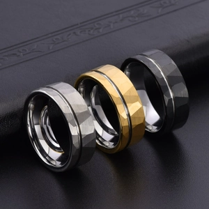 Men's 8mm tungsten ring set with hammered faceted texture in silver, gold, and black colors