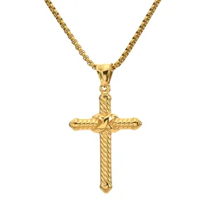 Punk Stainless Steel Twisted Rope Cross Pendant Necklace For Men Vintage Hip Hop Street Jewelry Silver Gold Black Necklaces