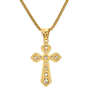Collier avec pendentif croix dorée polie et cristaux étincelants pour hommes