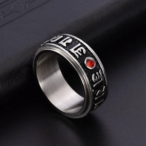 Gothic rotatable titanium steel ring for men with red crystal and engraved mantra