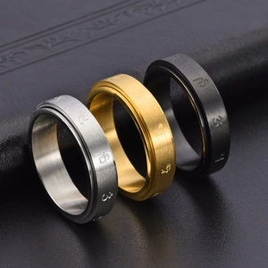 Chinese style rotatable titanium steel rings in black, gold and silver matte finishes
