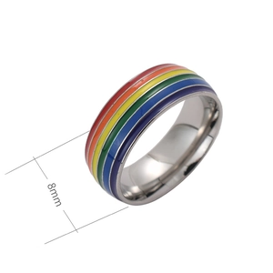 Détail macro de la bague en acier inoxydable de 8mm avec rayures arc-en-ciel colorées