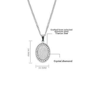 Macro view of oval Allah pendant with white crystals and titanium steel measurements
