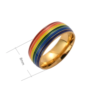 Détail de la bague 8mm en acier inoxydable doré avec rayures arc-en-ciel en émail