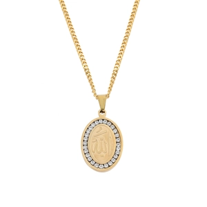 Religious Arabic Allah Calligraphy Oval Pendant Necklace For Men Women Stainless Steel Rhinestone Inlaid Jewelry Gift