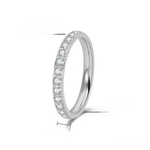 Detail view of 2.5mm stainless steel ring with micro-pave cubic zirconia setting