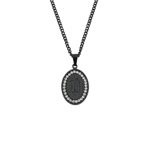 Men's black titanium steel oval Allah pendant necklace with sparkling zircon borders