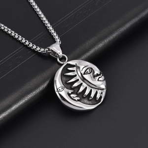 Punk style stainless steel sun and moon pendant necklace with celestial relief design