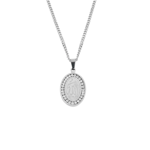 Silver stainless steel oval Allah pendant necklace with sparkling crystal border for men