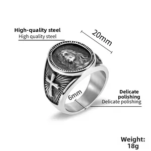 Macro detail of silver titanium steel Jesus relief ring showing 20mm face and side cross