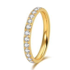 Macro view of 18K gold plated eternity band ring with sparkling cubic zirconia stones