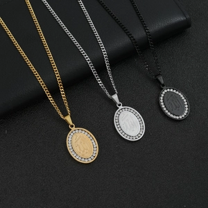 Men titanium steel oval Allah pendant necklaces with rhinestones in gold, silver, and black