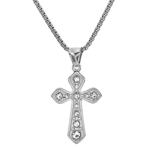 Collier Pendentif Croix en Acier Titane pour Hommes Avec Strass Incrustés Chaîne Box Bijoux Or Argent Noir Accessoire