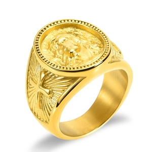 Men's gold-plated stainless steel signet ring with Jesus relief and cross side carving