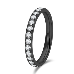 Detail of black titanium ring featuring a full circle of channel-set cubic zirconia stones