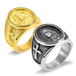Gold and vintage silver stainless steel signet rings with Jesus portrait and cross