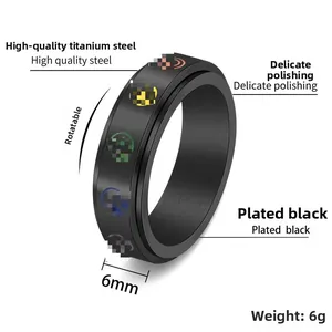 Detail view of 6mm black stainless steel rotating ring with colorful pixel icons