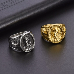 Men's vintage religious rings in gold and silver steel featuring jesus relief and cross