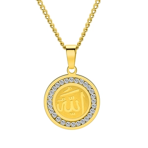 Collier Pendentif Rond Allah Calligraphie Arabe en Acier Inoxydable pour Hommes Femmes Bijoux Religieux Polis avec Strass