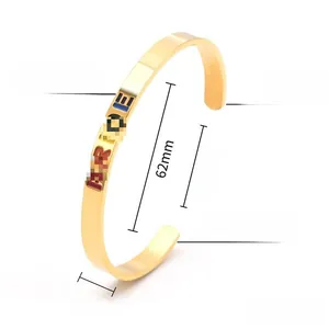 Detailed size specifications of golden titanium steel C-shaped cuff with Pride engraving