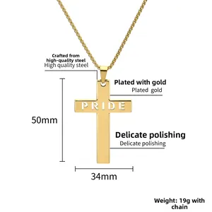 Pendentif croix en acier titane doré poli avec découpe PRIDE et dimensions 50x34mm