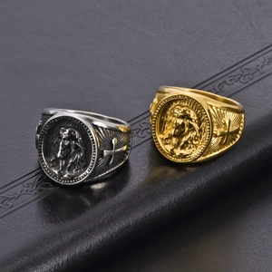 Retro hip hop men's signet rings with gold finish Jesus portrait and side cross engraving