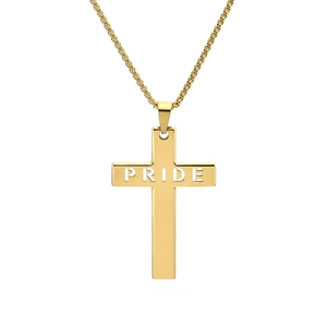 Pendentif croix en acier doré avec texte PRIDE évidé sur une fine chaîne maille