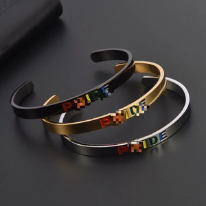 Titanium steel C-shaped Pride rainbow engraved open bangles in black gold silver set