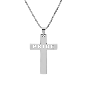 Collier croix en acier inoxydable argenté avec découpe PRIDE sur une chaîne à maillons