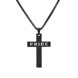 Collier avec pendentif croix creuse PRIDE en acier inoxydable noir et chaîne