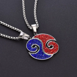 Parure de Collier Pendentif Virgule Yin Yang en Acier au Titane Hip Hop pour Couples Strass Rouge Bleu Incrusté Bijoux de Mode