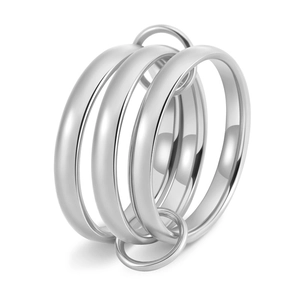 Macro detail of intertwined silver rings connected by small loops on a white background