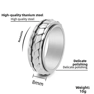 Close-up of 8mm dragon scale rotatable ring in titanium steel with detailed dimensions