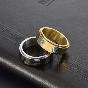 Minimalist spinning stainless steel rings with engraved icons in silver and gold finish