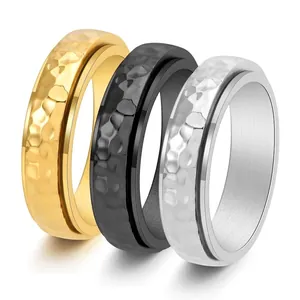 Vintage Handmade Hammered Pattern Rotating Titanium Steel Ring For Men Unisex Stress Relief Spinner Band Fashion Jewelry Gift