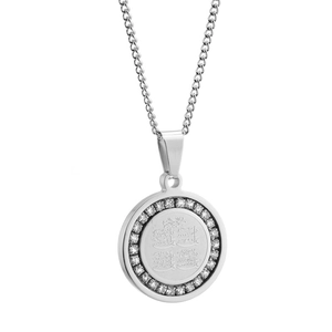 Collier avec pendentif rond hip hop, écriture arabe et micro-pavage de zircon argent