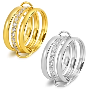 Three-layer interlocking ring in 18K gold and silver plating with cubic zirconia pavé setting