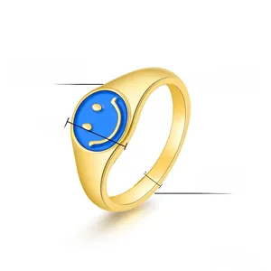 Detail of 10mm smile face signet ring in plated gold steel with 3mm band width