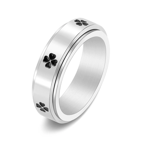 Kreativer Silber-Spinner-Ring mit schwarzen Kleeblatt-Motiven und Drehfunktion