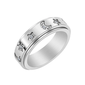 Stainless Steel Star Moon Spinner Ring Stress Relief Rotating Band With Rhinestone For Women Rose Gold Silver Fashion Jewelry